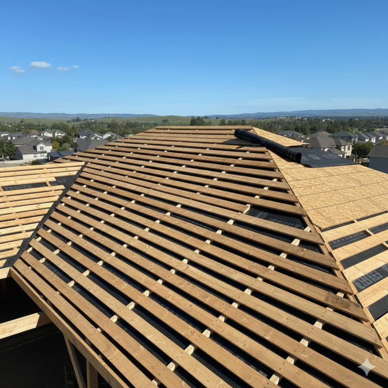 Roof under construction with exposed wooden members, OSB panels and rolled underlayment