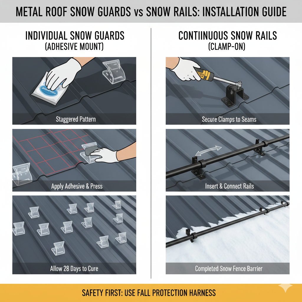 How to install metal roof snow guards vs snow rails
