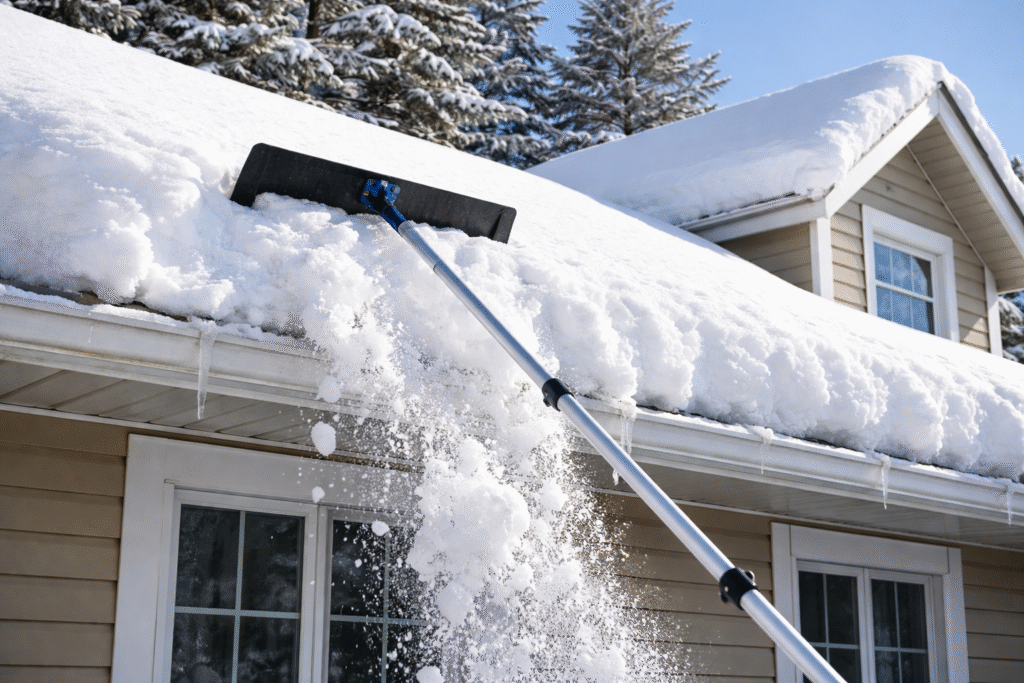 raking snow from roof