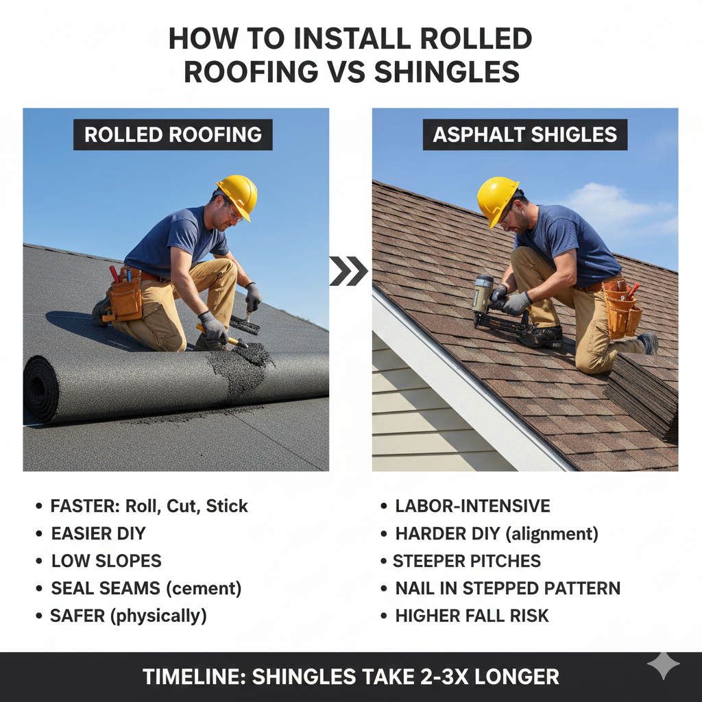 How to Install rolled roofing vs shingles