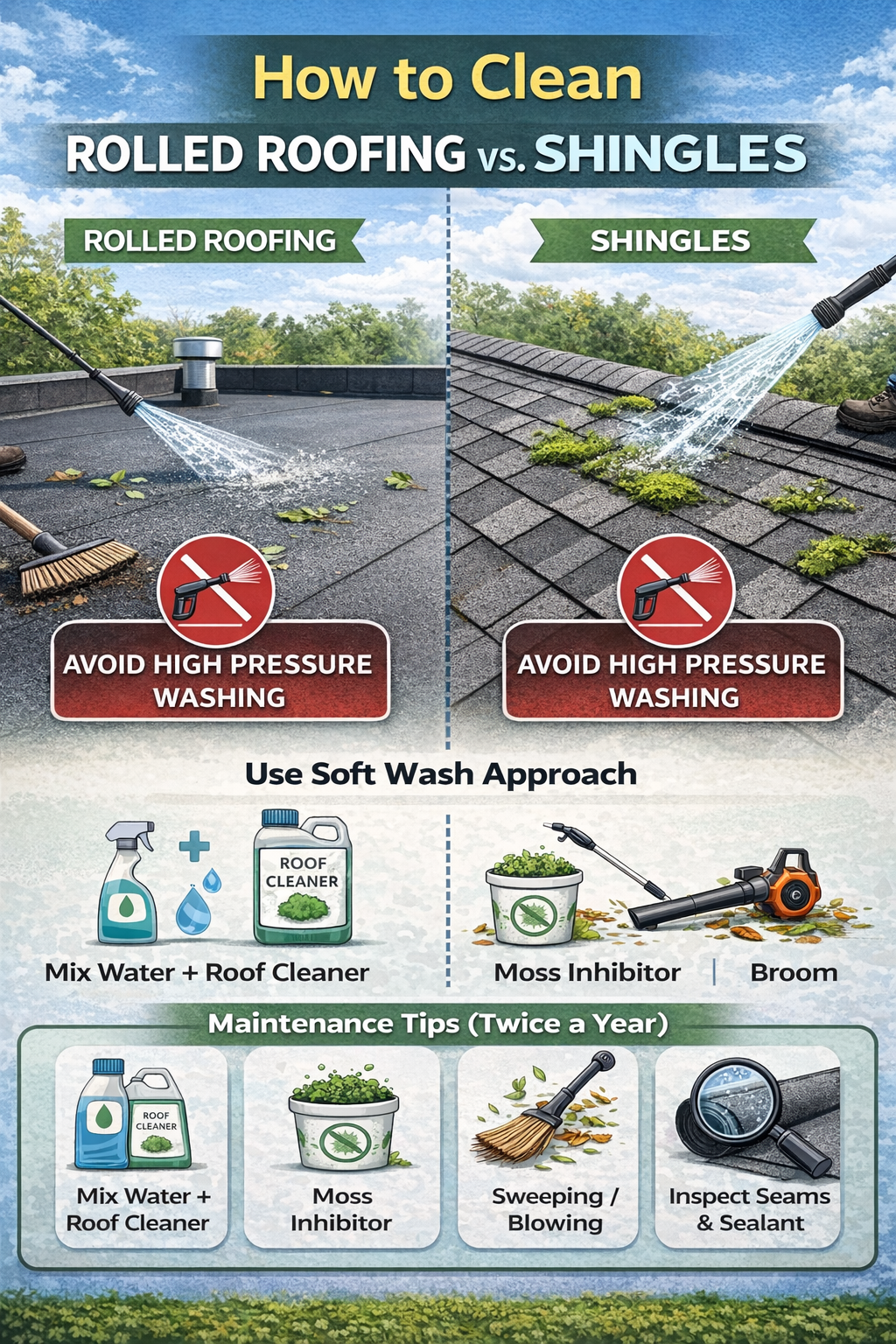 How to Clean rolled roofing vs shingles