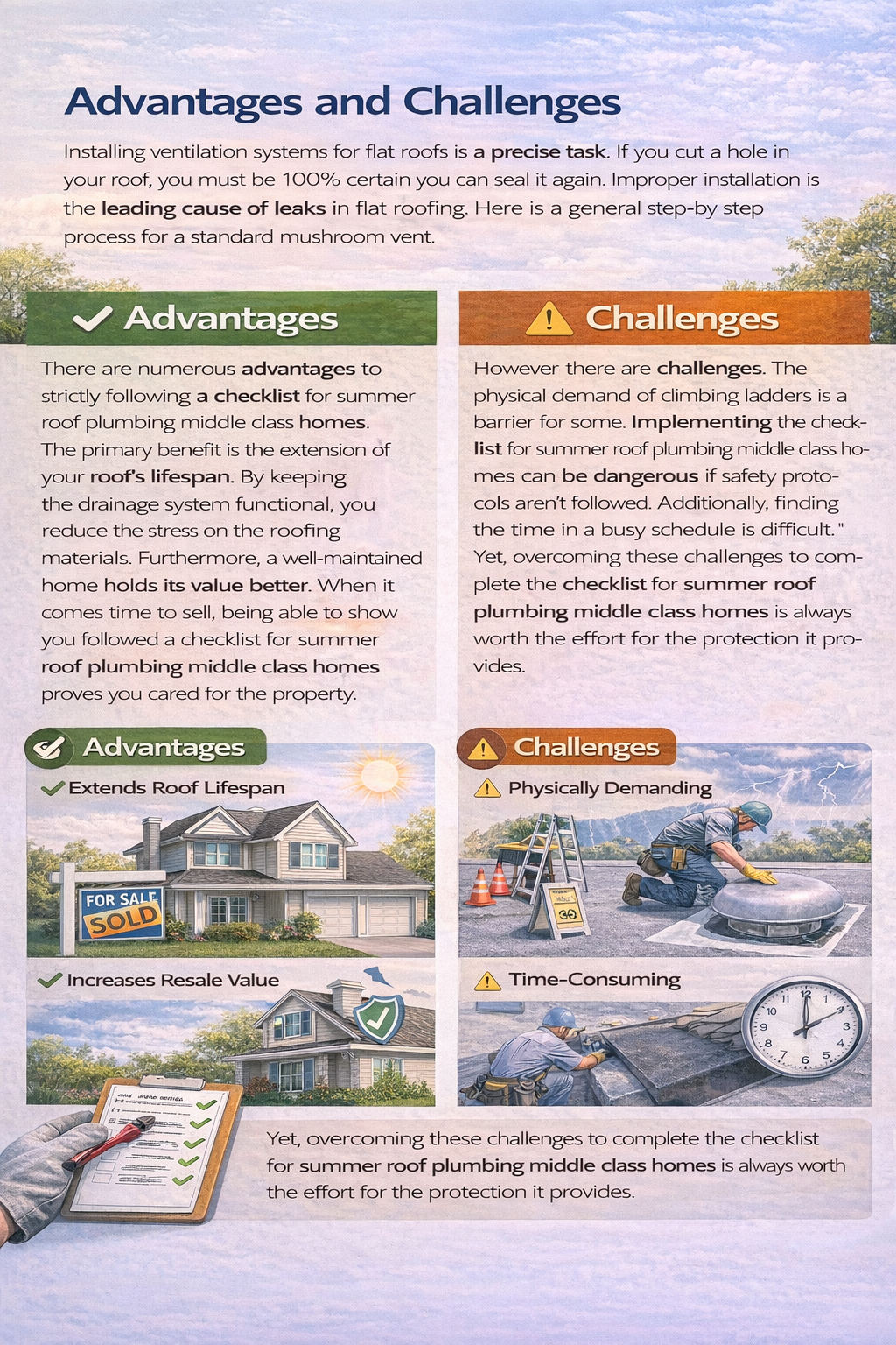 Advantages and Challenges checklist for summer roof plumbing middle class homes