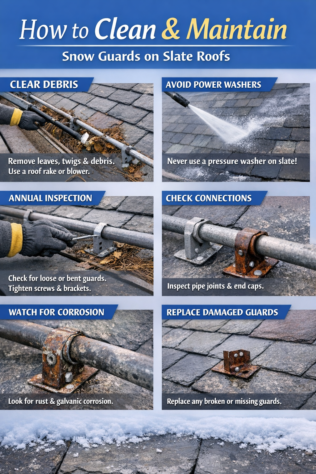 How to Clean and Maintain snow guards for slate roofs