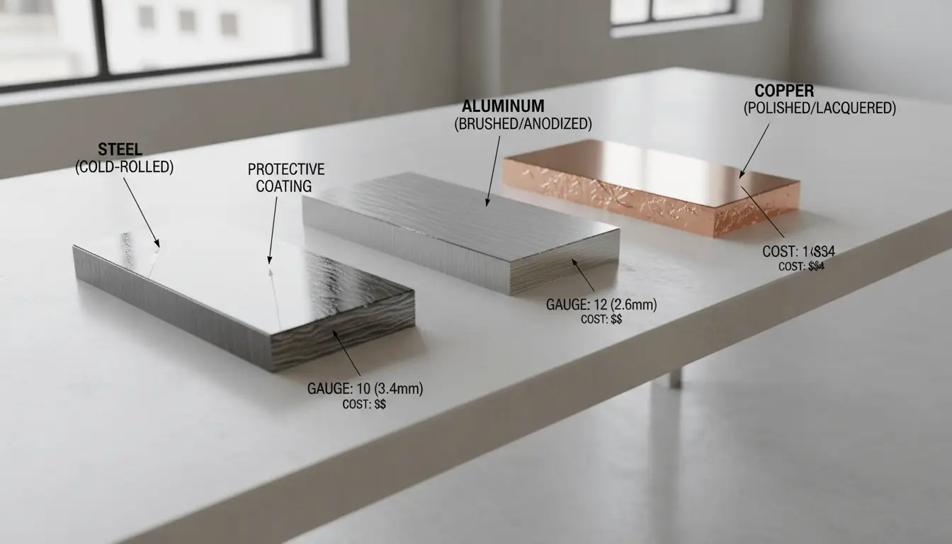 A simple infographic or chart that shows how much it costs to buy steel, aluminium, and copper per square foot