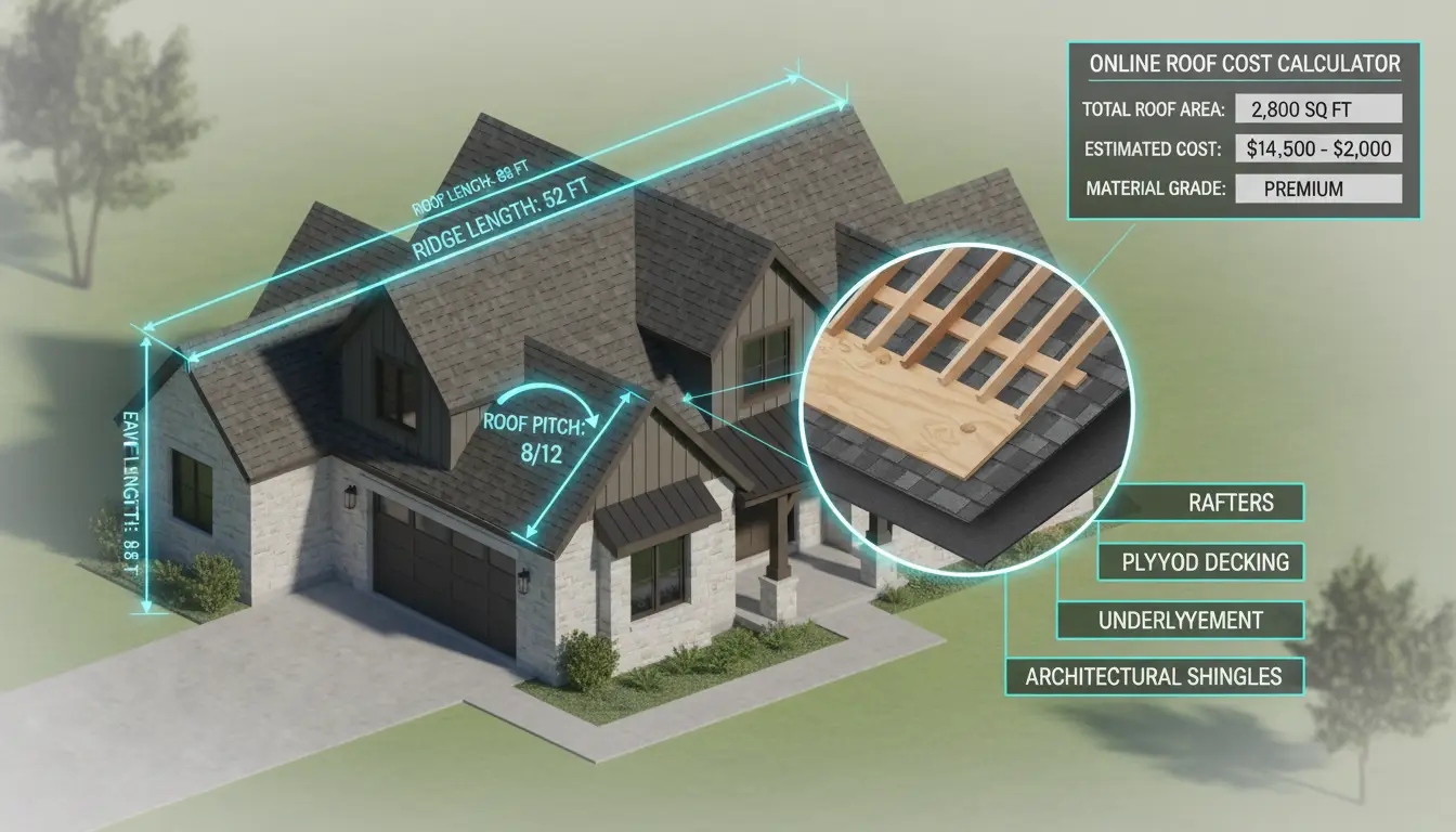 clear screenshot of a basic online roof cost calculator interface or an infographic of a house with measuring lines