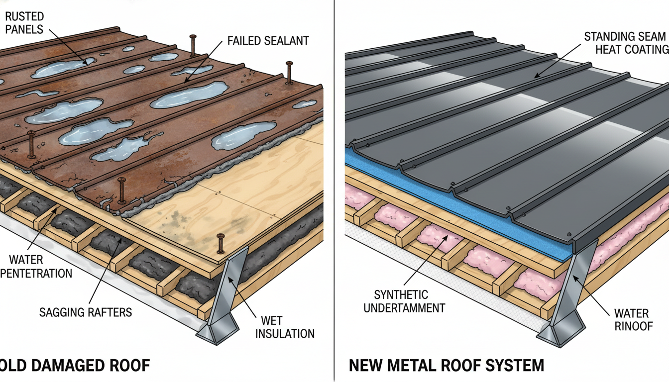 A side-by-side comparison of a new, perfect metal roof and an old, broken mobile home roof