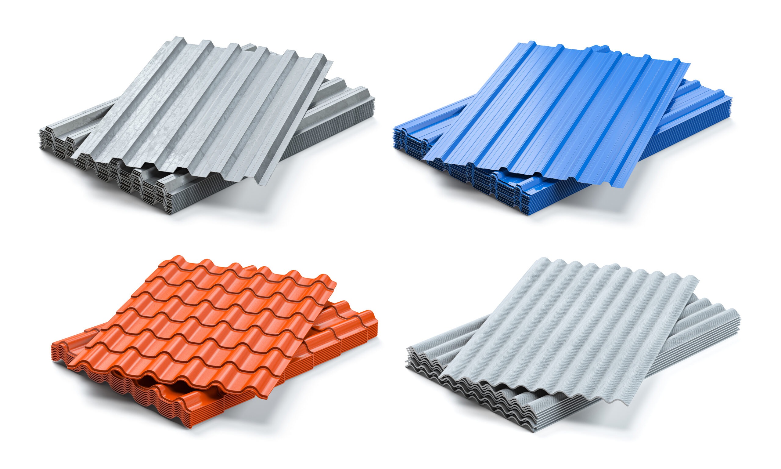 Set of different types of roof coating. Stacks of sheet metal p